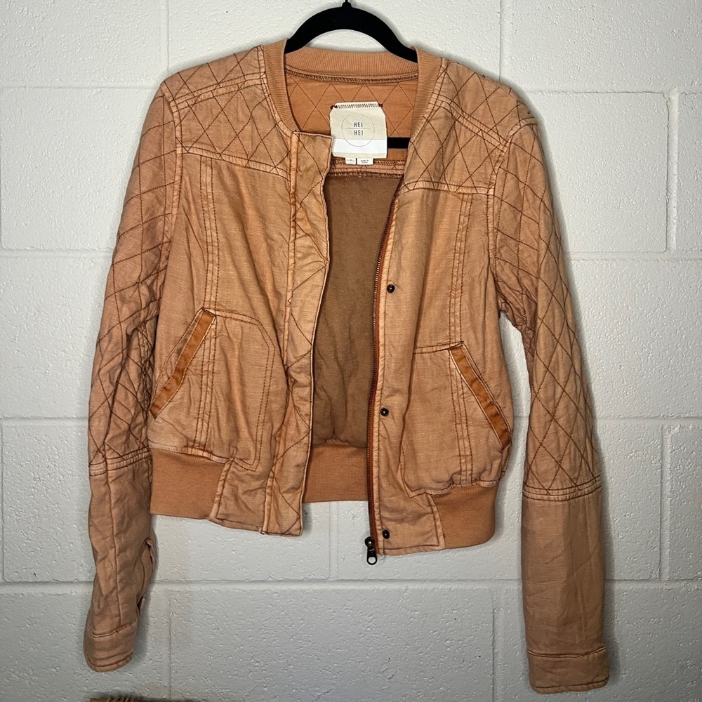 Anthropologie Hei Hei Itinerary Bomber Jacket Women's M peach Linen Blend Quilt